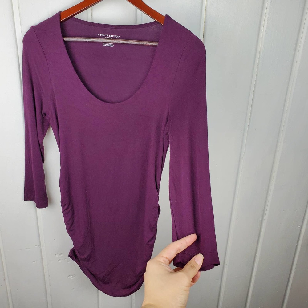 A Pea In The Pod Maternity Medium Plum 3/4 Sleeve Scoop Neck Ruche Side Tunic - Picture 8 of 9